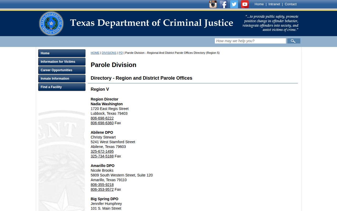 Brown County parole office record for Brownwood DPO